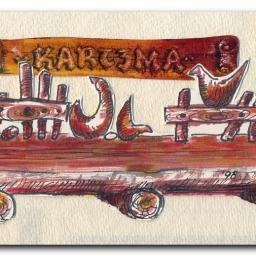 Trall system - Ręcznie rysowany szkic na papierze przedstawiający rzeźbę plenerową w formie wozu z drewna z napisem 'I KARCZMA' i figurkami zwierząt, stylizowany na ludową twórczość.